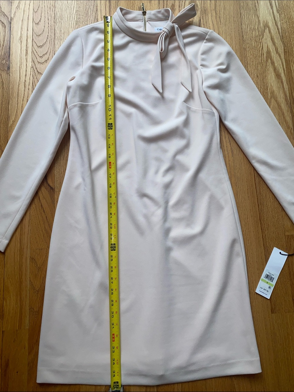 Calvin Klein Blush Pink Long-Sleeve Tie-Neck Shift Dress - Picture 4 of 8